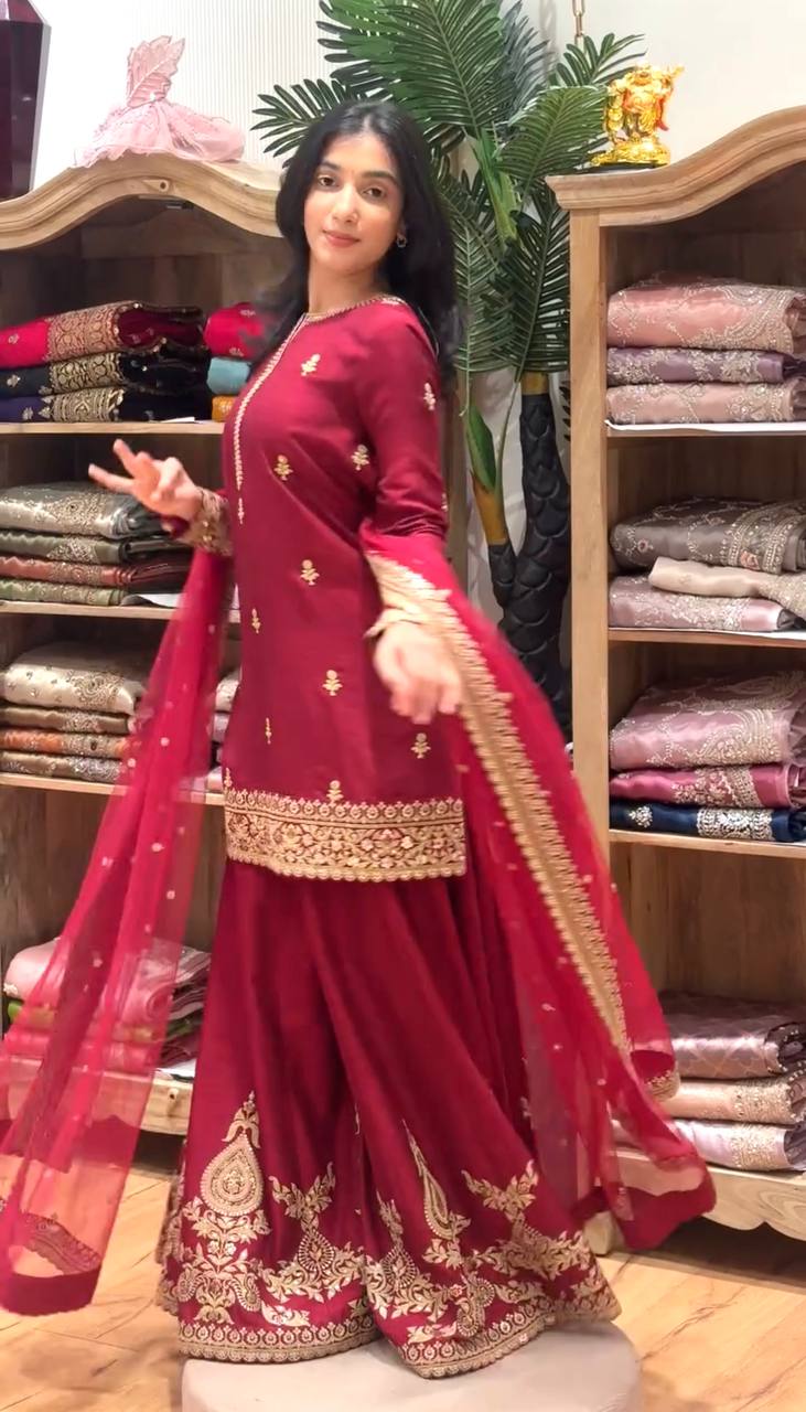Garnet Opulence Embroidered Sharara